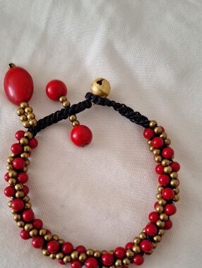 Red Beaded Braided Bracelet with Gold Accents